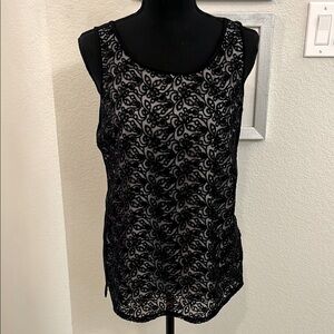 Ann Taylor Petite Sleeveless Embroidered Lace Lined Black Tank Top Blouse Med